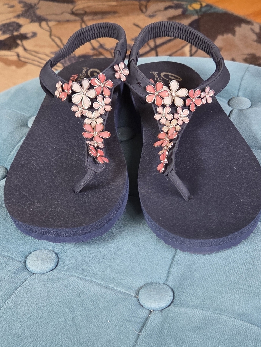 Skechers Navy Floral T-Strap Sandals with Pink Flower Accents - Picture 2 of 6
